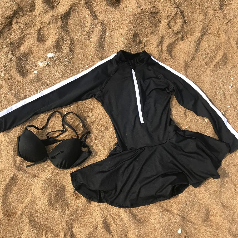Женский черный купальник, сексуальный купальник с длинным рукавом, пуш-ап, юбка для плавания, спортивные женские боди, Maillot De Bain, монокини, купальные костюмы