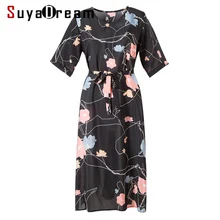 Women Silk dress Luxury 100% Natural silk Floral Print dresses Natural silk Half sleeved dress 2018 Summer Black