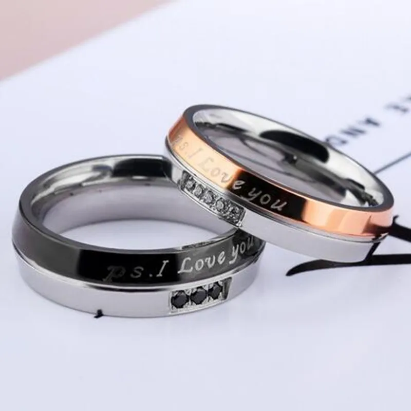 

Couple Rings for Him and Her Rings Stainless Steel Engraving Ps. I Love You Cubic Zirconia Engagement Rings