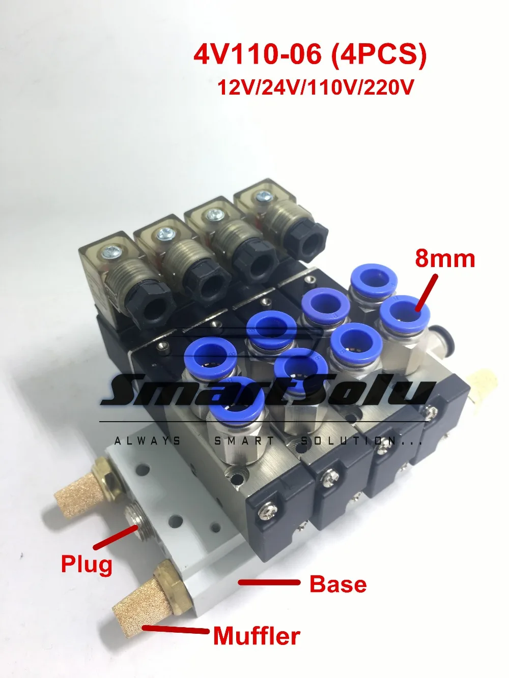 

Free shipping 4V110-06 Solenoid Air Valve Set 5port 2position 1/8" BSP Connected Base Muffler Fitting