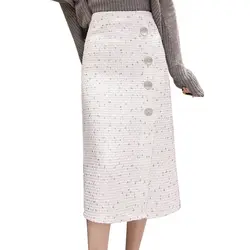 Корейская женская твидовая юбка Modis черная белая Длинная Элегантная линия юбки женские Сплит до середины икры Длина с высокой талией