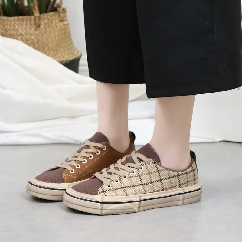 

2019 spring new fashion simple plaid canvas shoes women comfortable wild casual flat shoes