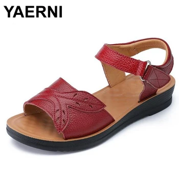 

YAERNI Newest Soft Bottom Soft Cowhide Summe Leather Sandals Women Sandals Summer Open Toe Mom Women Shoes Fashion Casual Shoes