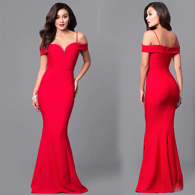 Sexy Straps V-Neck Dress Women Off Shoulder Bodycon Red Party Dress Long Maxi Dresses vestidos verano Zipper Sundres - Цвет: A