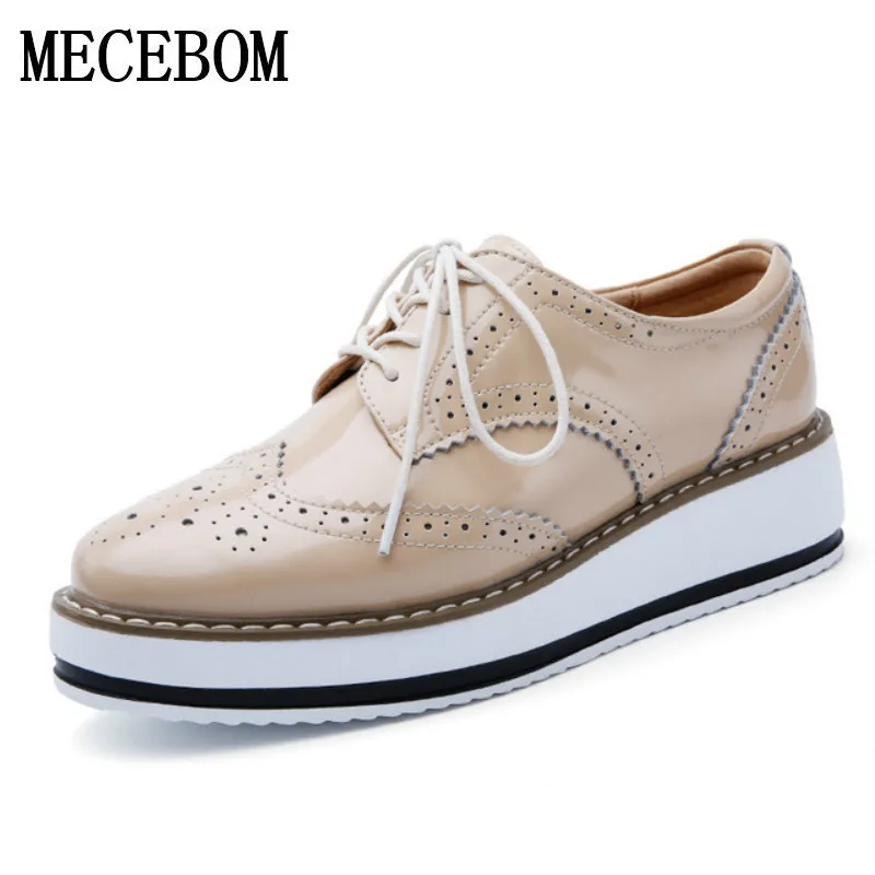

Women Platform Oxfords Brogue Flats Shoes Patent Leather Lace Up Pointed Toe Luxury Brand Beige Red Black Pink Creepers 366W