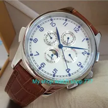 44 мм PARNIS белый циферблат Синяя рука фаза Луны автоматические самозаводные механические часы для мужчин с заводом при ходьбе механические часы