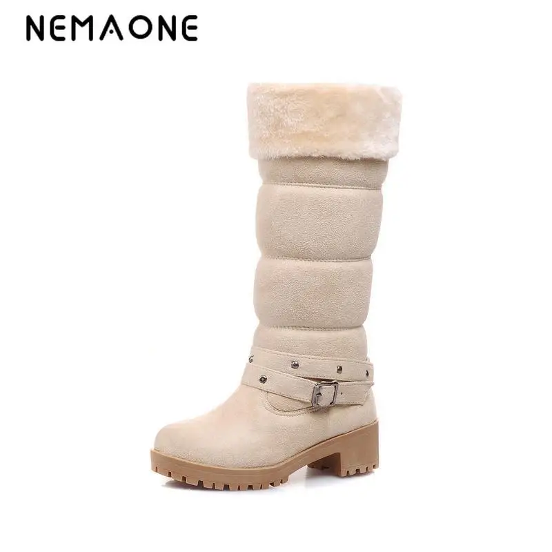 Goedkoop NEMAONE snowboots mode winter Herfst casual schoenen zoete vrouwen boot stijlvolle vierkante hak kudde schoenen mode knie laarzen