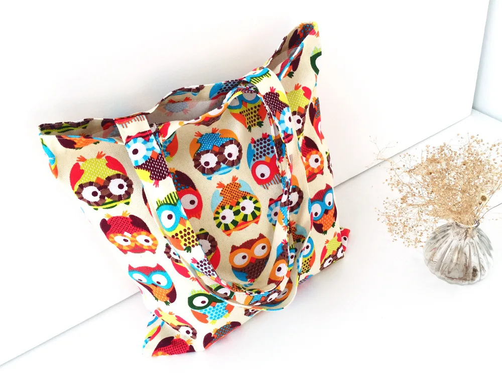 Хлопковая парусиновая хозяйственная сумка через плечо экологический многоразовый мешок с принтом разноцветных сов L077