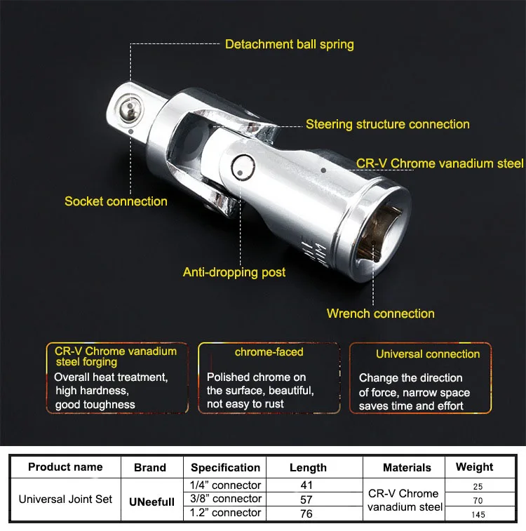 Универсальный шарнирный адаптер UNeefull с трещоткой, 1/" 3/8" 1/" привод на 90 градусов, набор гибких розеток, Удлинительный стержень