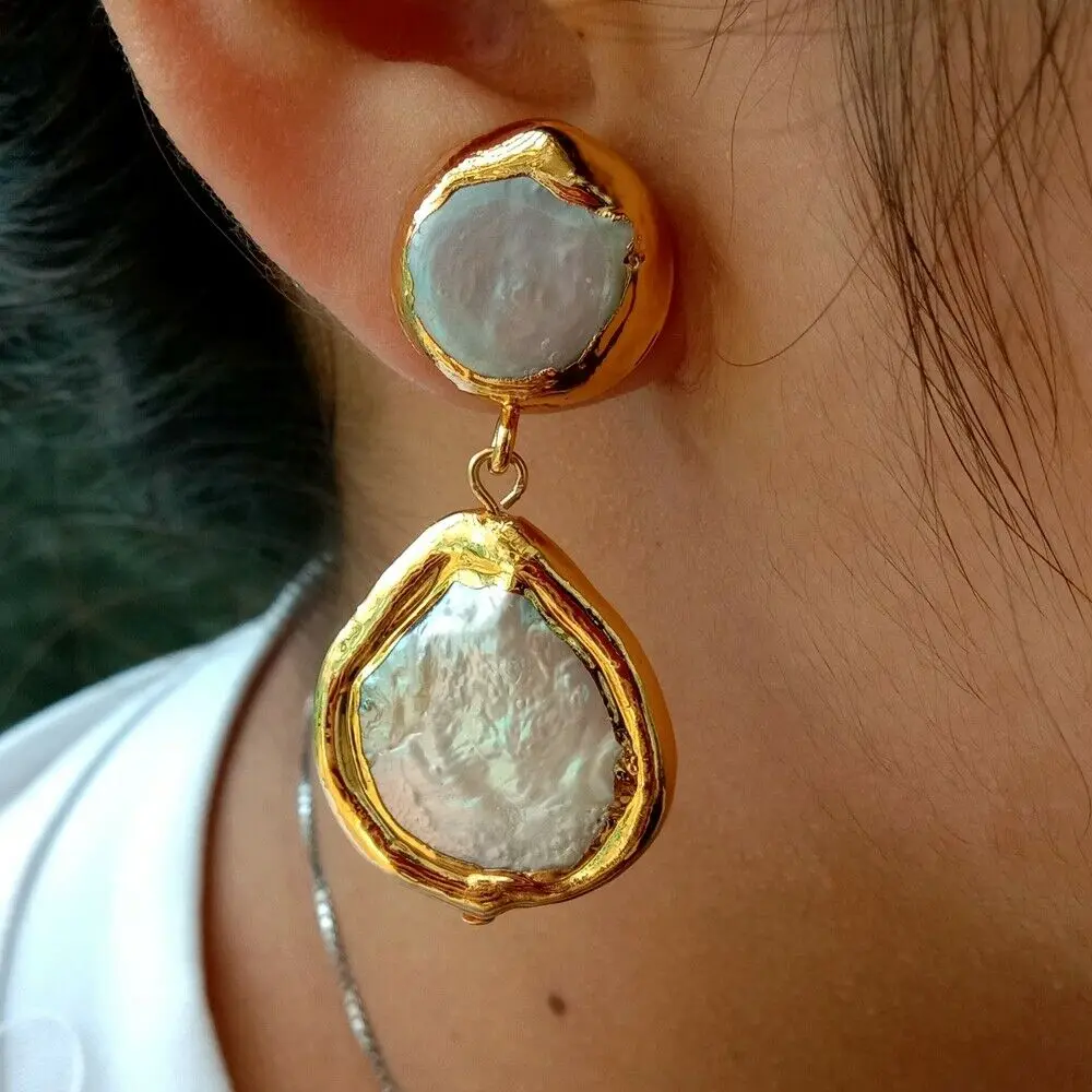 Goedkoop Geel Gouden Vergulde natuurlijke wit coin zoetwater parels Oorbellen