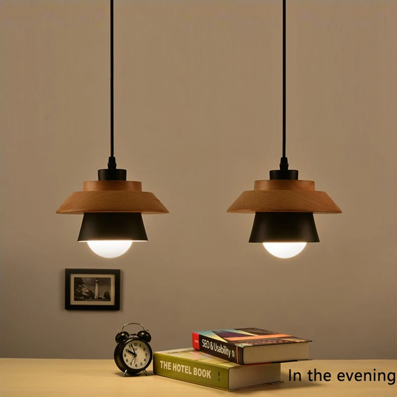 Подвесной светильник в скандинавском стиле, подвесной светильник, E27, алюминиевый деревянный подвесной светильник, современный светильник, светильники черного и белого цвета
