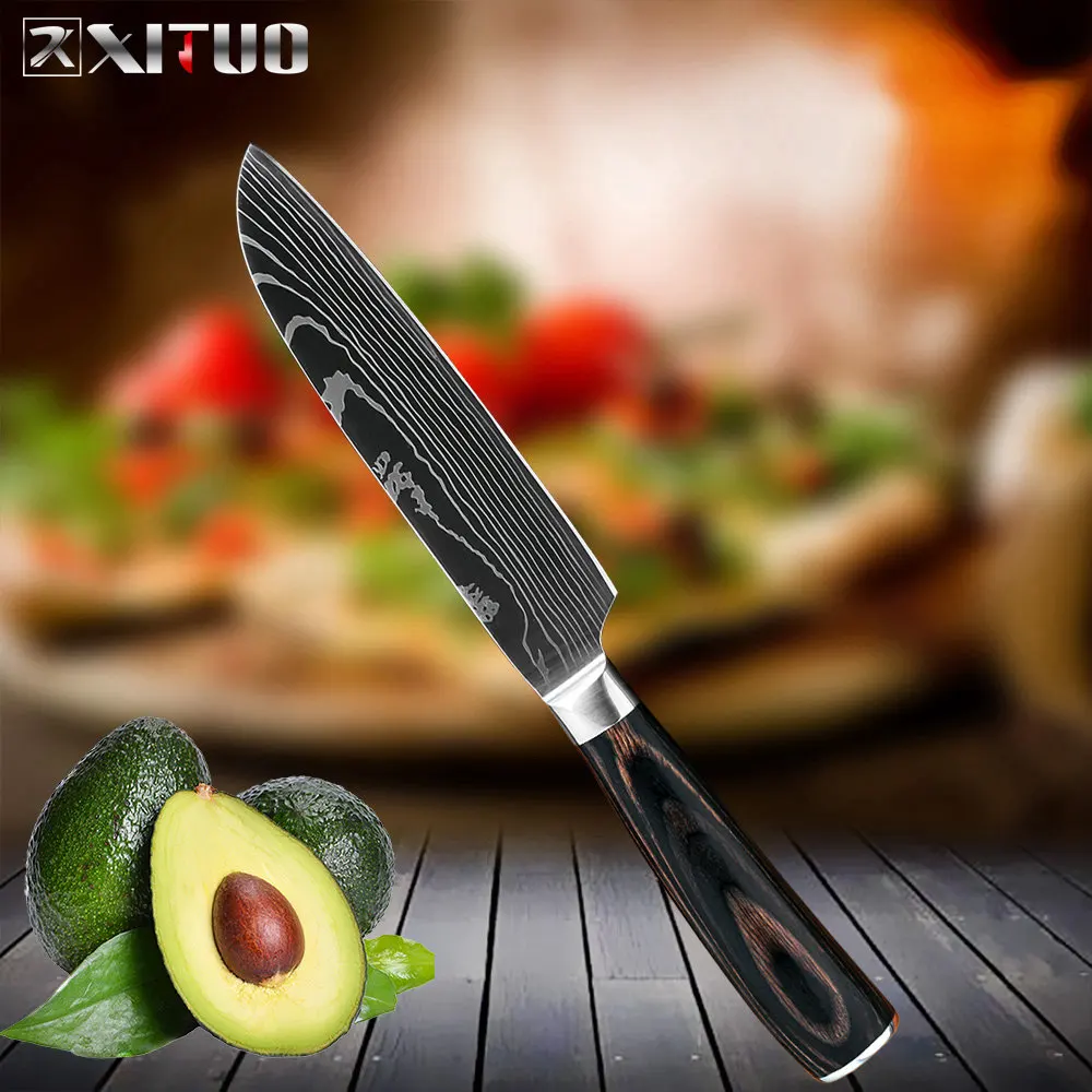 XITUO" 8" " 5" 3," дюймов Набор ножей шеф-повара для нарезки овощей хлеба Santoku ножи для очистки овощей 6 шт. кухонный нож Мясник инструменты дерево - Цвет: 5 in santoku knife