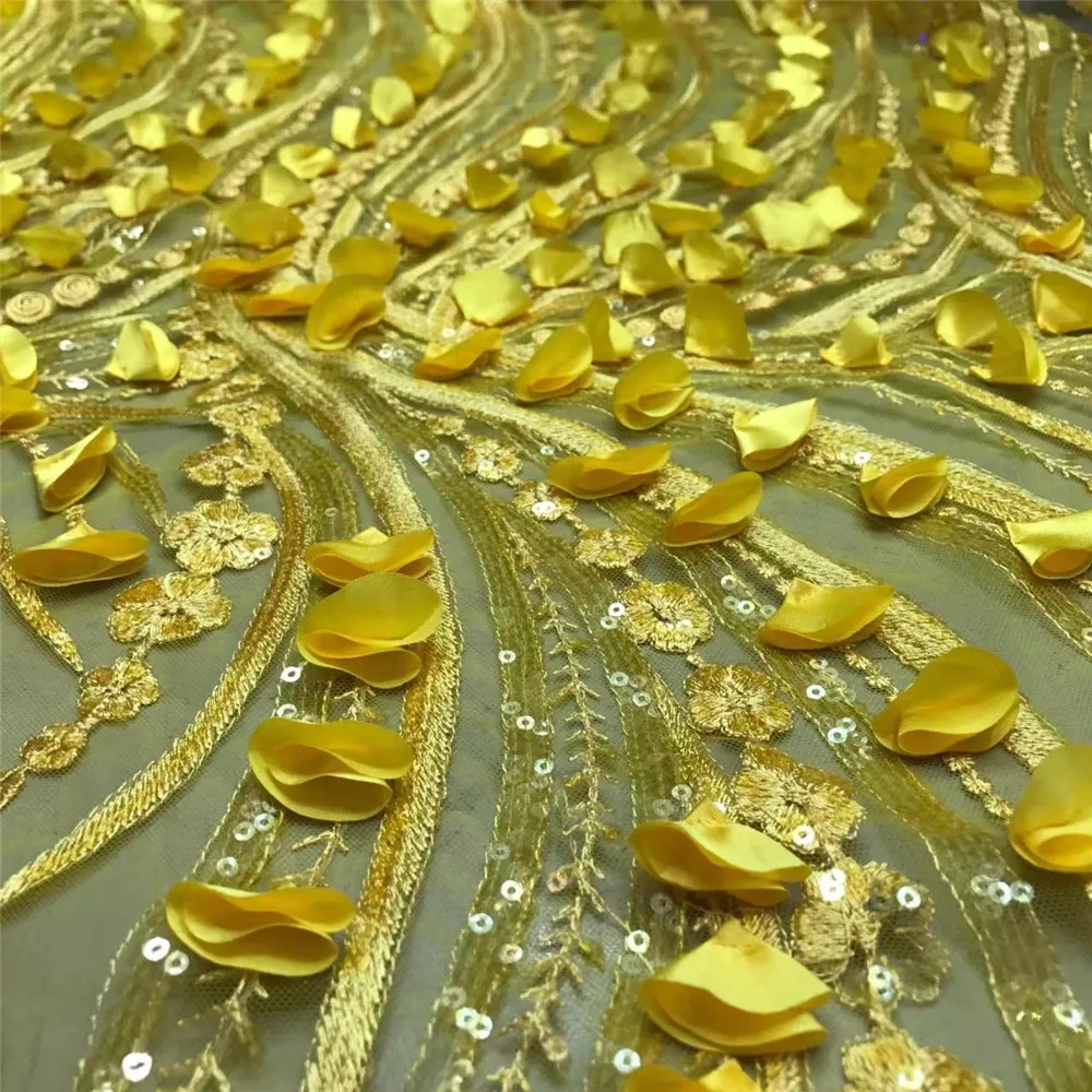 Gold 3d lace fabric 3d flower embroidered lace appliques french tulle
