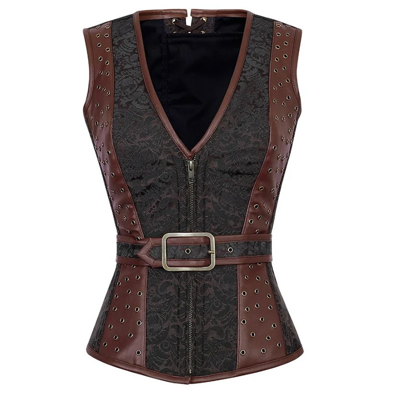 Brown Appliques Zipper Espartilhos Corsetto Sexy Brocade Faux Leather Waist Trainer Corset Steam Punk Vest Korsett For Women (1)
