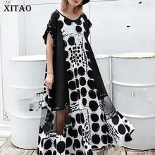 XITAO платье миди в горошек с сеткой и заклепками для женщин, летнее Сексуальное женское платье с коротким рукавом, плюс размер, мода DLL3570