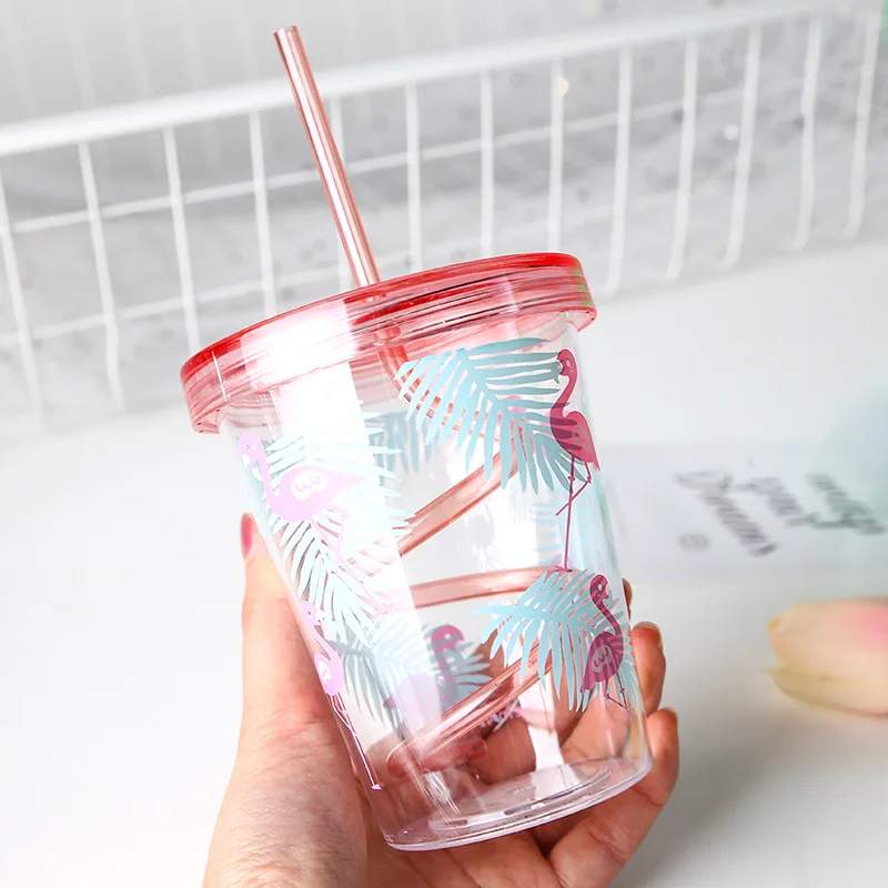 450ml Flamingo Cartoon Cute Plastic Straw Bottle Summer Outdoor Sport Cool Ice Water Bottle Women Office School Drink Bottles