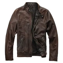 2018 Vintage Brown Men’s Leather Biker Jacket Stand Collar Plus Size XXXL Genuine Cowhide Slim Fit Winter Coat FREE SHIPPING