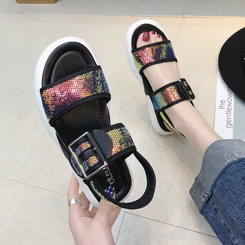 Jookrrix Women shoes forFashion Platform White Chunky Sandals Lady Pu Leather Shoes Wedges High Thick Sole Black Sandal Shoe