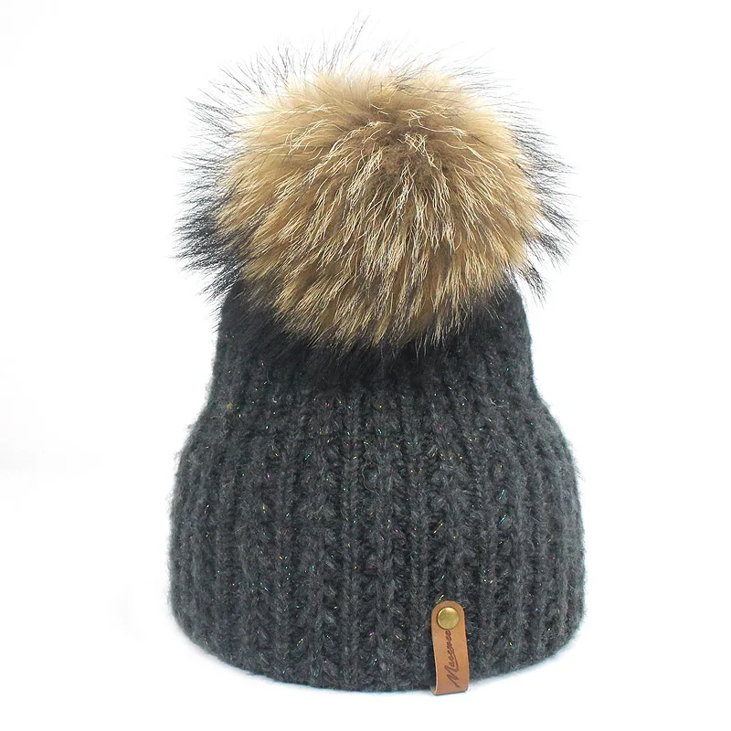 Женская зимняя шапка с помпоном из натурального меха енота|Женские Skullies и