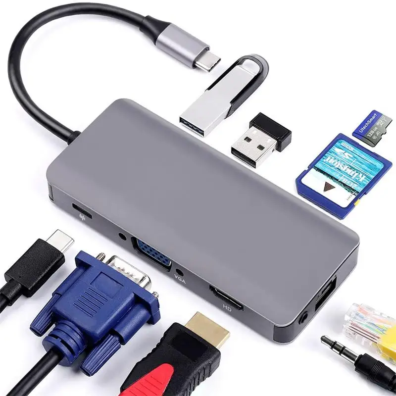 9 в 1 концентратор типа C на выход Hdmi + Vga, 2 порта Usb3.0 s, Sd/Tf кардридер, сетевой адаптер 1000 Мбит/с, аудио порт с Pd3.0 (100 Вт)