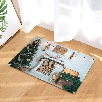 

New Year Festival Decor Christmas Tree Fireplace and Presents for Family Bath Rugs Non-Slip Doormat Floor Entryways Door Mat