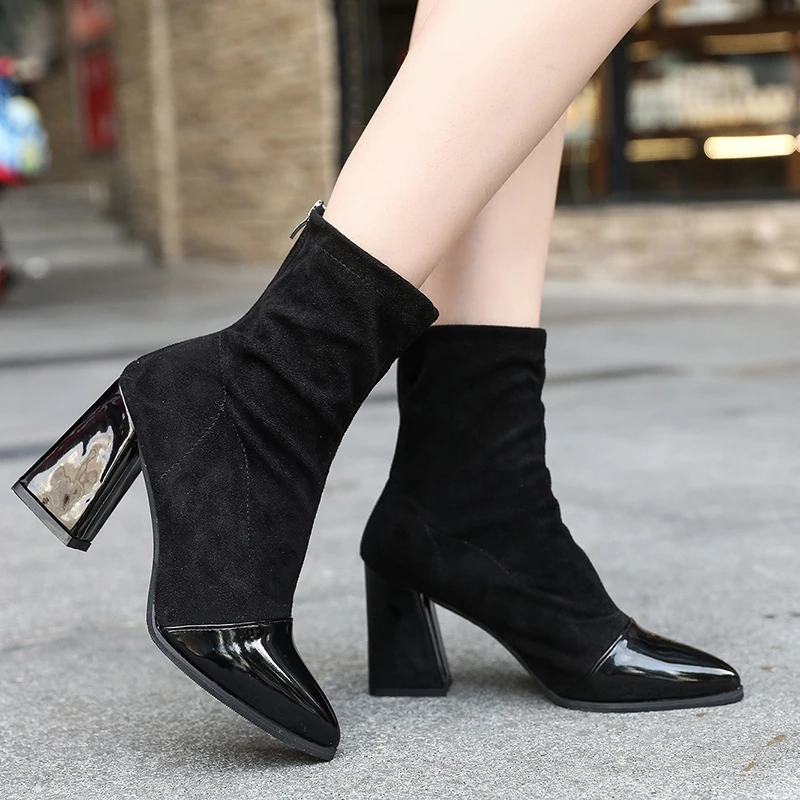 

MoBeiNi 2018 fashion Martin boots women's shoes suede pointed short tube thick with back zipper high-heeled girls booties