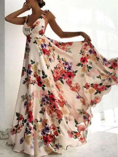 

Women Summer Sleeveless Vintage Long Boho Maxi Dress Ladies Floral Backless V-neck Party Beach Dresses