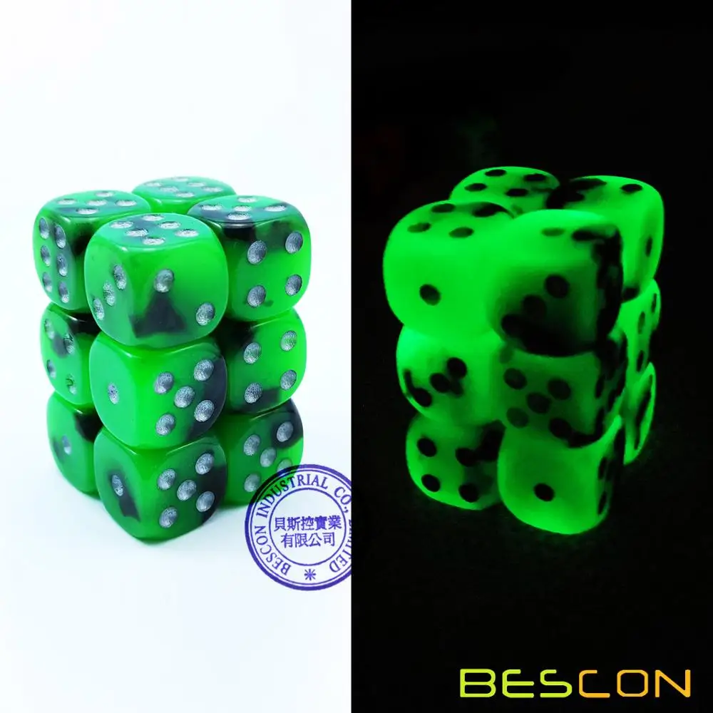 Bescon двухцветные Светящиеся Кости D6 16 мм 12 шт набор SPOOKY ROCKS, 16 мм шестигранники Die(12) блок Светящиеся Кости