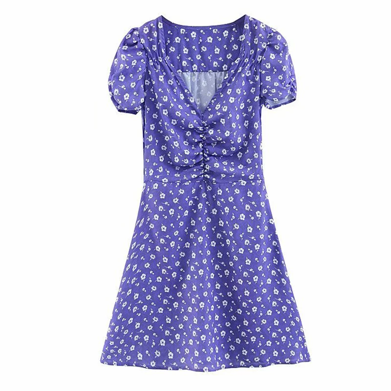 Women's Clothing Dress 2019 Printed Pleated Short Sleeve Puff Sleeve Dress Ms Summer Street Sexy Slim Fit Temperament Clothing