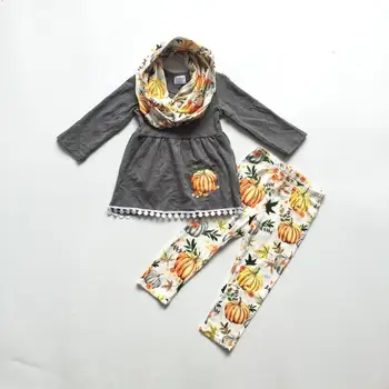 

FALL OUTFITS girls 3 pieces with scarf sets girls sunflower print outfits black dress top with sunflower pants