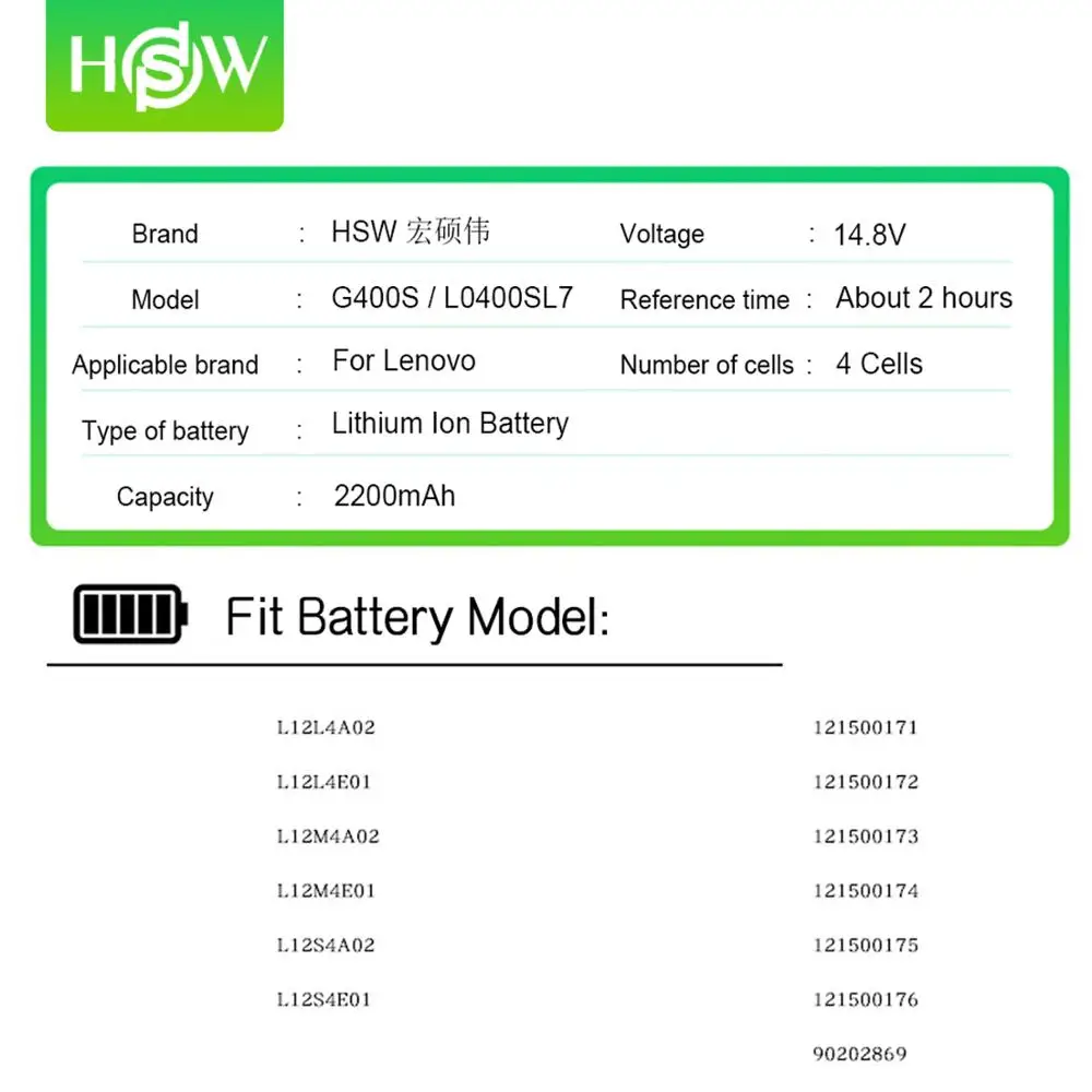 14.8W 2200mAh G400S Battery for Lenovo L12M4A02 L12S4A02 L12S4E01 L12L4A02 G410S G500 G500S G510S G405S G505S S410P S510P Z710