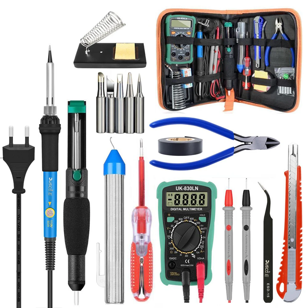 

1 Set 110V / 220V 60W Adjustable Temperature Soldering Iron Kit Digital Multimeter Desoldeirng Pump 5 pcs Tips Welding Tool