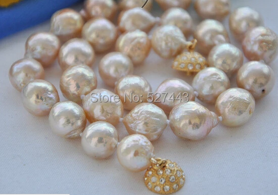 

Wholesale free shipping >>Lustre 13mm pink round keshi reborn freshater pearl necklace 17inch