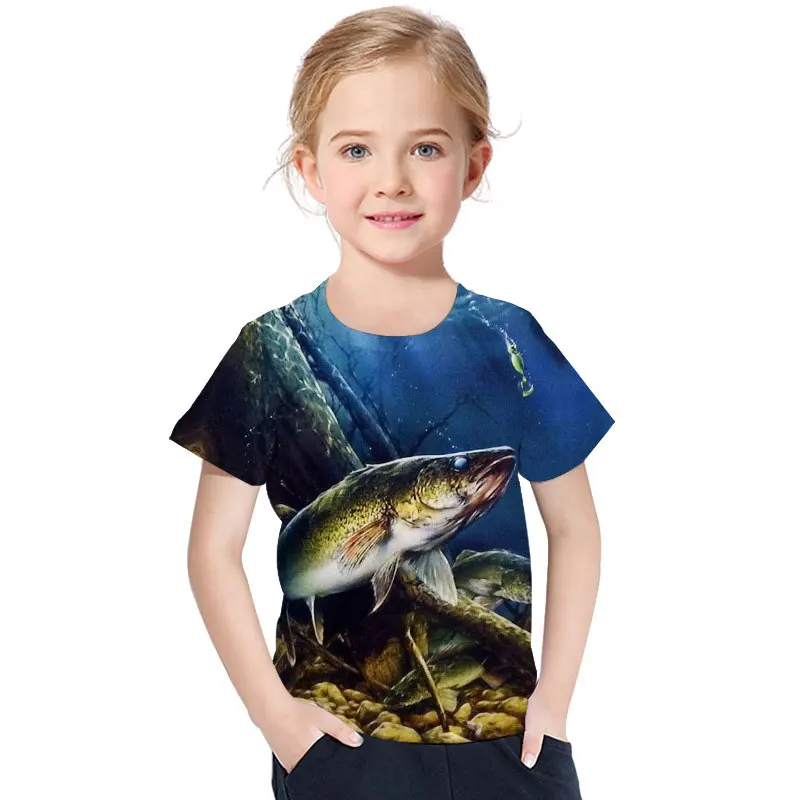 Детская футболка с объемным рисунком животных Повседневная футболка с круглым вырезом и принтом рыбы для мальчиков топы для девочек; коллекция года; летняя новая модная детская одежда с короткими рукавами