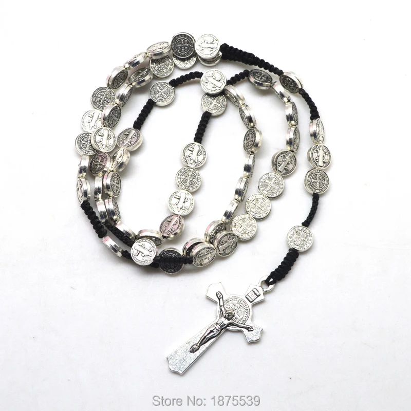 

Fashion St Benedict Rosary Necklace Black Rope Alloy Beads High Quality Woven Rosaries