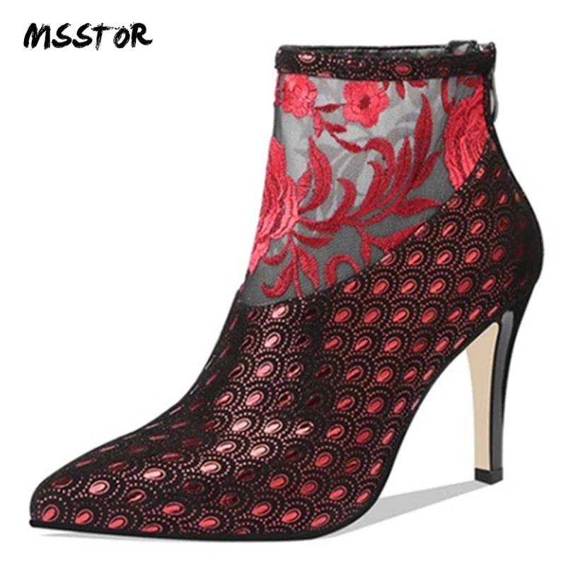

MSSTOR Mixed Colors Ankle Boots Pointed Toe Autumn Spring Fashion High Heels Sexy Embroider Mesh Shoes Women 2019 Zipper Office