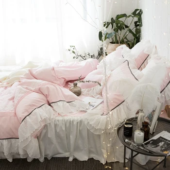 

Luxury Korean Princess Style 60S Egyptian Cotton Girl Bedding Set Ruffle Pink Duvet Cover White Bed Sheet Bed Skirt Pillowcases