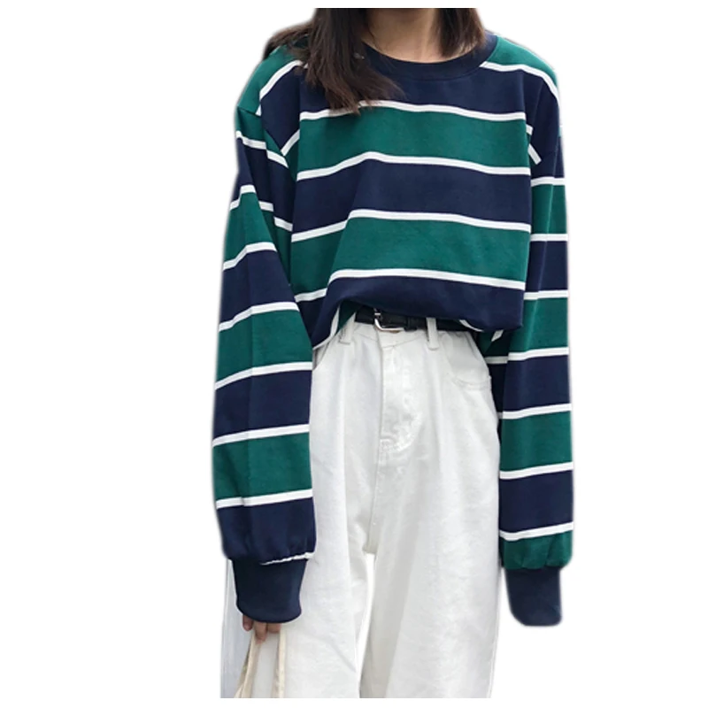 

2019 autumn color matching stripe long sleeve fleece female students preppy style hoodies plus size women spring pullovers