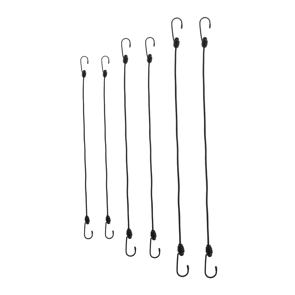 Marine 6 Pcs Black Bungee Cord Tie Down Straps Assortment Set 47cm 60cm & 76cm for Canoe Kayak Inflatable Boat Dinghy Accessory