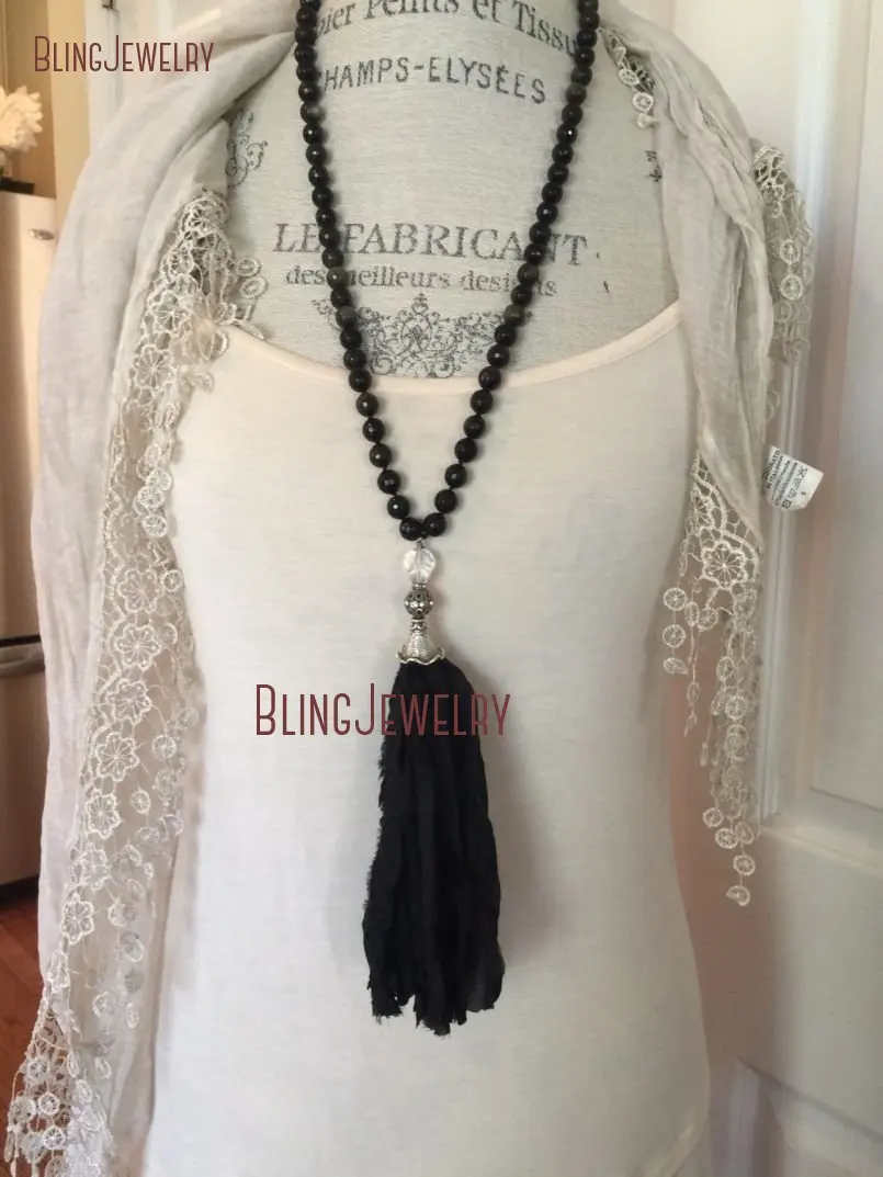 20180907-NM15488-black boho stone healing stone obsidian hand knot sari silk tassel necklace jewelry unique accessory