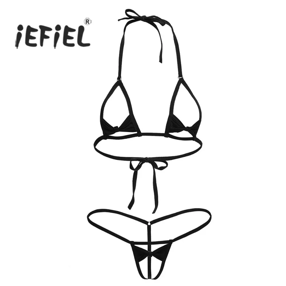 

iEFiEL Women Lingerie Brief Sets Halter Bowknot Bikini See-through Bow Top with G-string Open Bra Femme Nightwear Sexy Bras