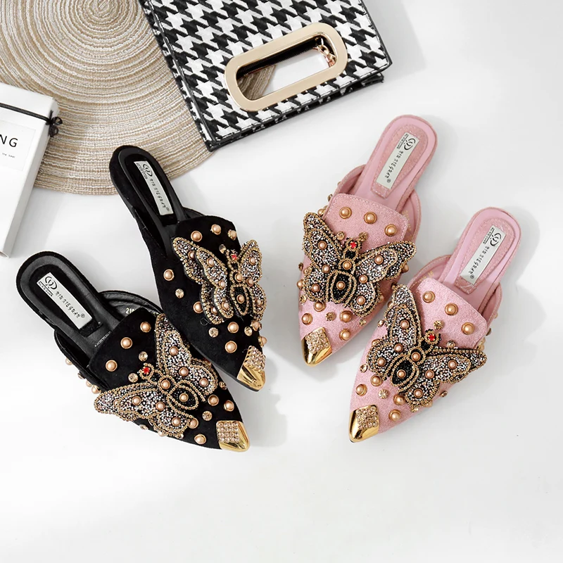 

Brand designer Velvet 2019 fashion butterfly rivet crystal slides outdoor slippers woman flat Pointed toe Shoes mules women
