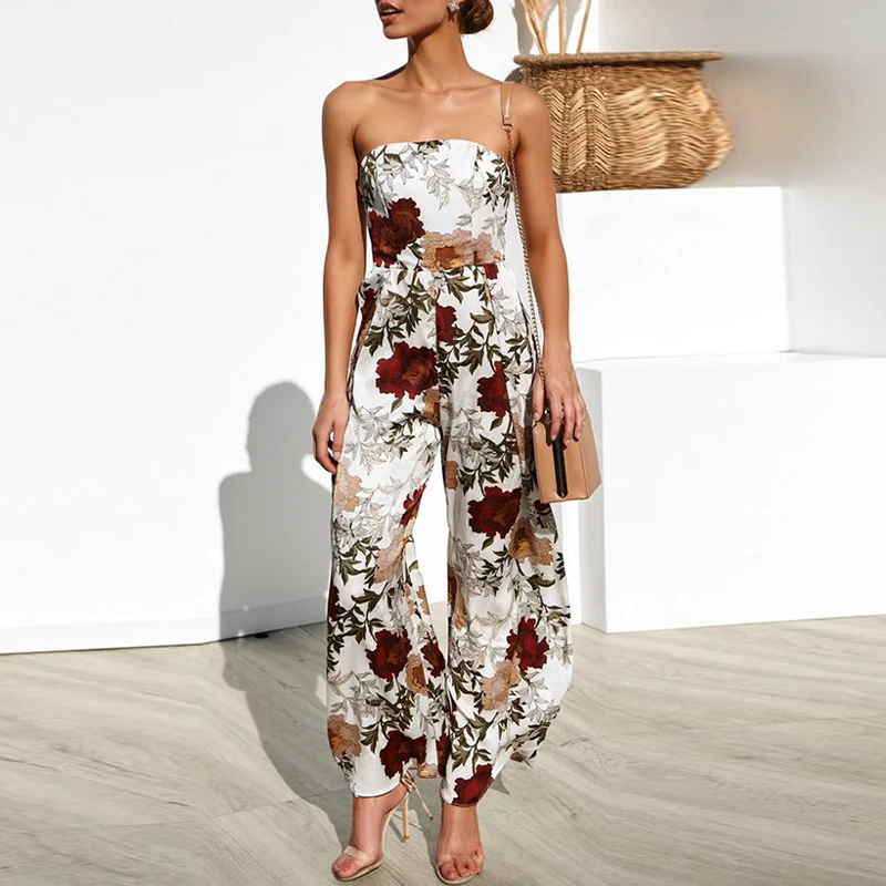 

Melegant Summer Beach 2019 New Women Jumpsuit Boho Floral Print Split Strapless Jumpsuit Rompers Wide Leg Sexy Long Romper