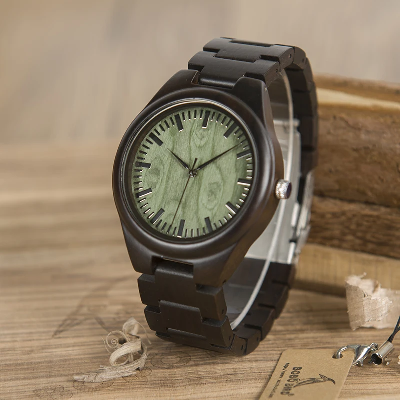 BOBO BIRD WH03 Mens Ebony Wooden Watch Green Wood Dial Vintage Watch for Mens With Wood Box OEM