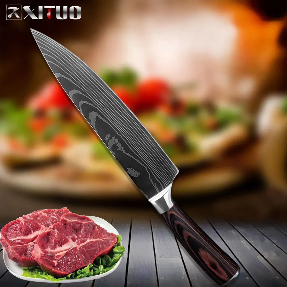 XITUO" 8" " 5" 3," дюймов Набор ножей шеф-повара для нарезки овощей хлеба Santoku ножи для очистки овощей 6 шт. кухонный нож Мясник инструменты дерево - Цвет: 8 in chef knife