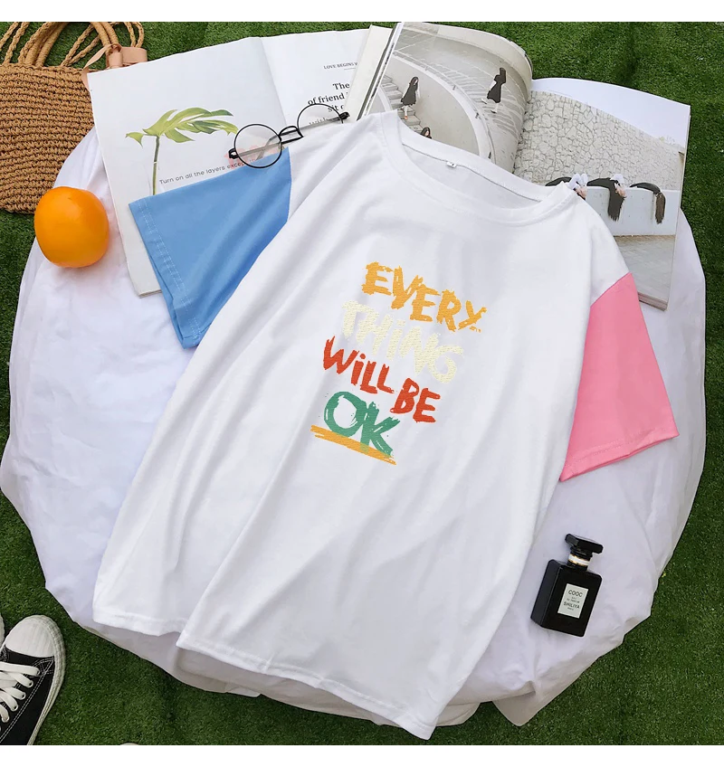 Summer Female T Shirts Women Fuuny EVERYTHING WILL BE OK Colorful Splicing Cotton Tops Streetwear Harajuku Casual Korean Clothes (4)