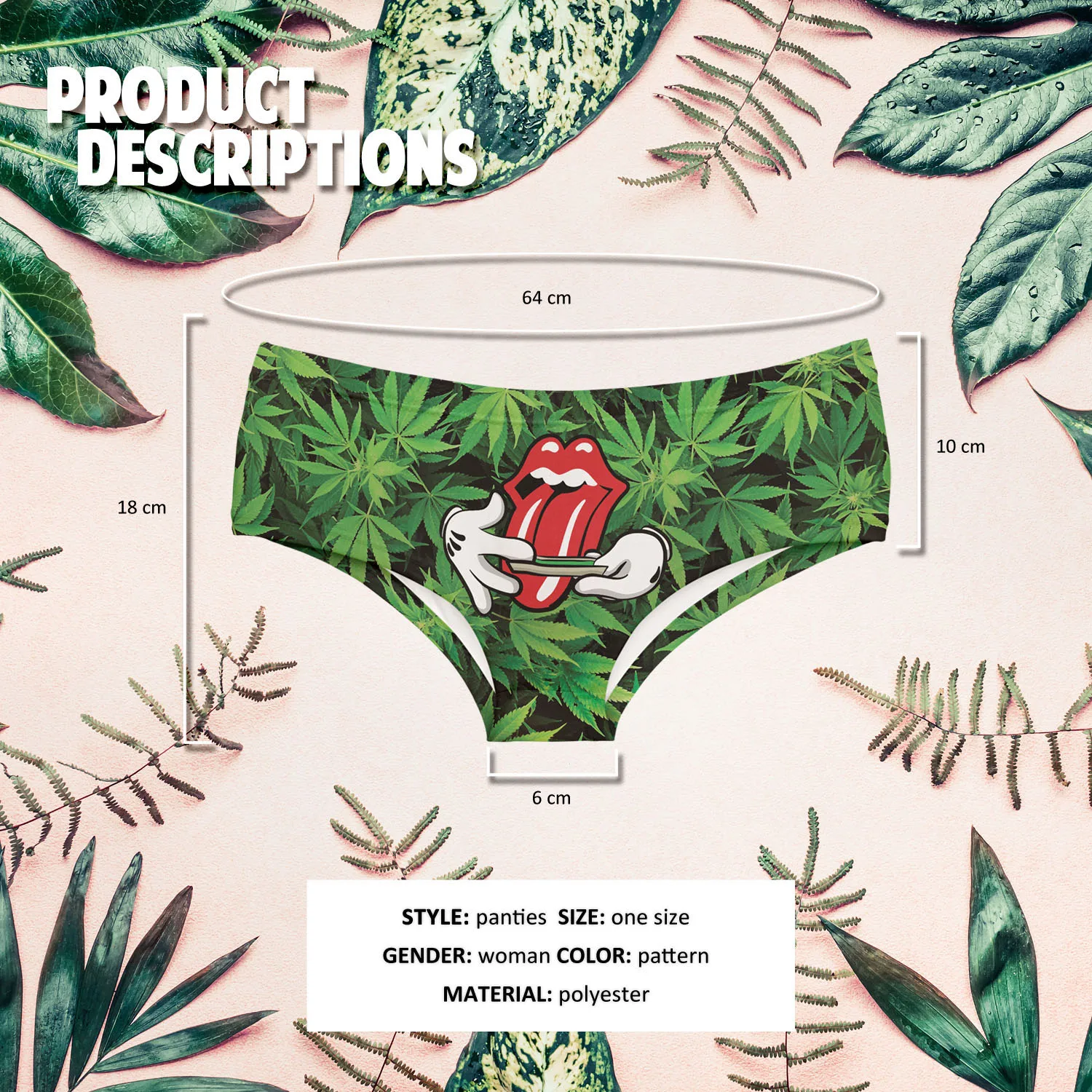 

Big Tongue Green Leaves Funny Print Sexy Women Underwear Hot Female Lingerie Thongs Cute Briefs Panties for Lady