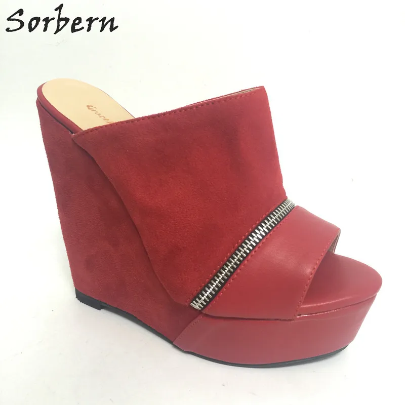 Sorbern Red Open Toe Summer Sandals For Women Slides Wedges Extrem High Heels Platforms Zipper Open Slippers Women Casual Shoes