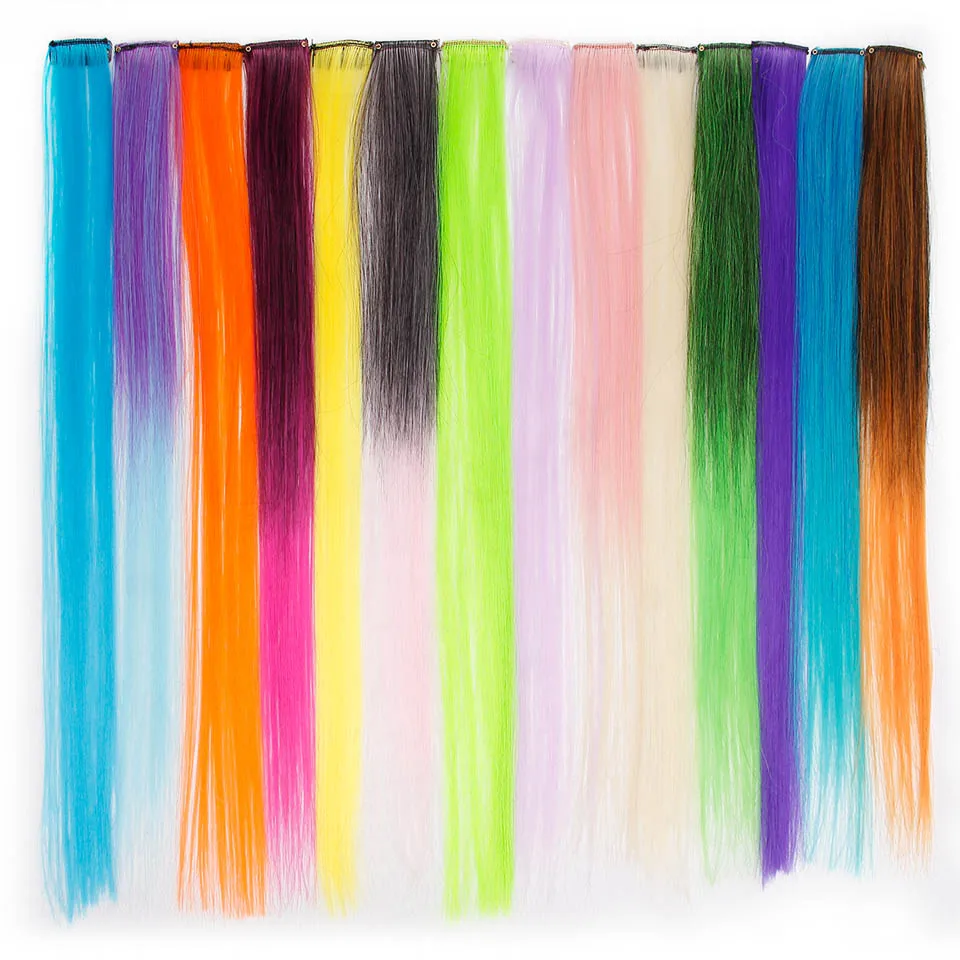 50CM Rainbow Colors Single Clip In One Piece Hair Extensions Synthetic Long Straight Ombre Grey Blonde Red Hair Pieces