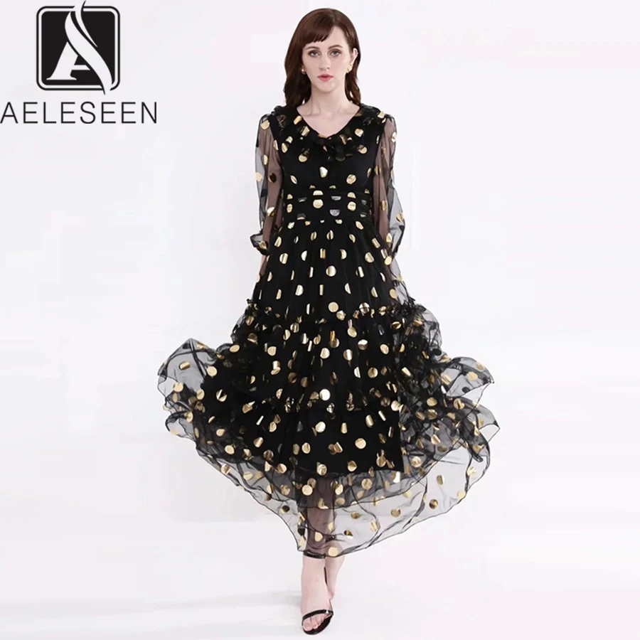 

AELESEEN New Arrival 2019 Autumn Runway Design Dresses Women Elegant Cascading Ruffles Cake Dot Print Vintage Long Dress
